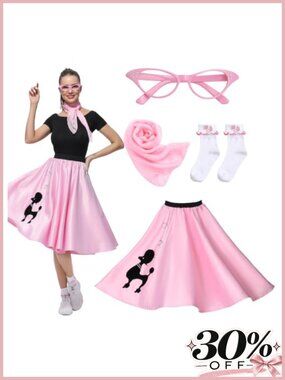 Women 1950s Poodle Skirt Sock Hop Costume Set w Glasses Scarf Socks